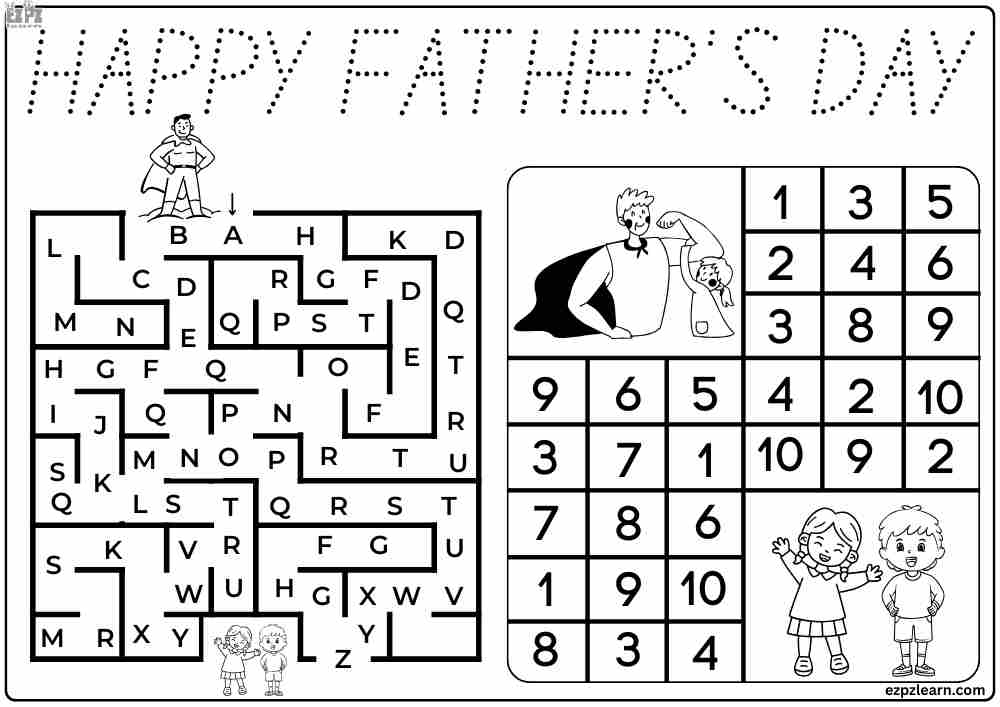 Help the father find his children. Alphabet and Number Maze Activity Page – Free Printable 